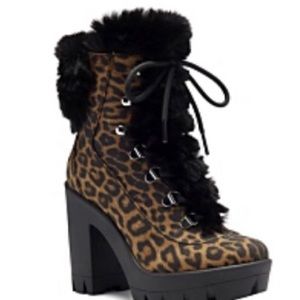 Jessica Simpson Leopard-Print Platform Lace-Up Boot with Black Fur